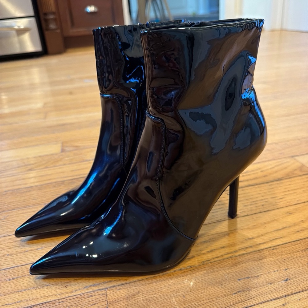 Zara Black Patent Pointed Toe Stiletto Ankle Boots